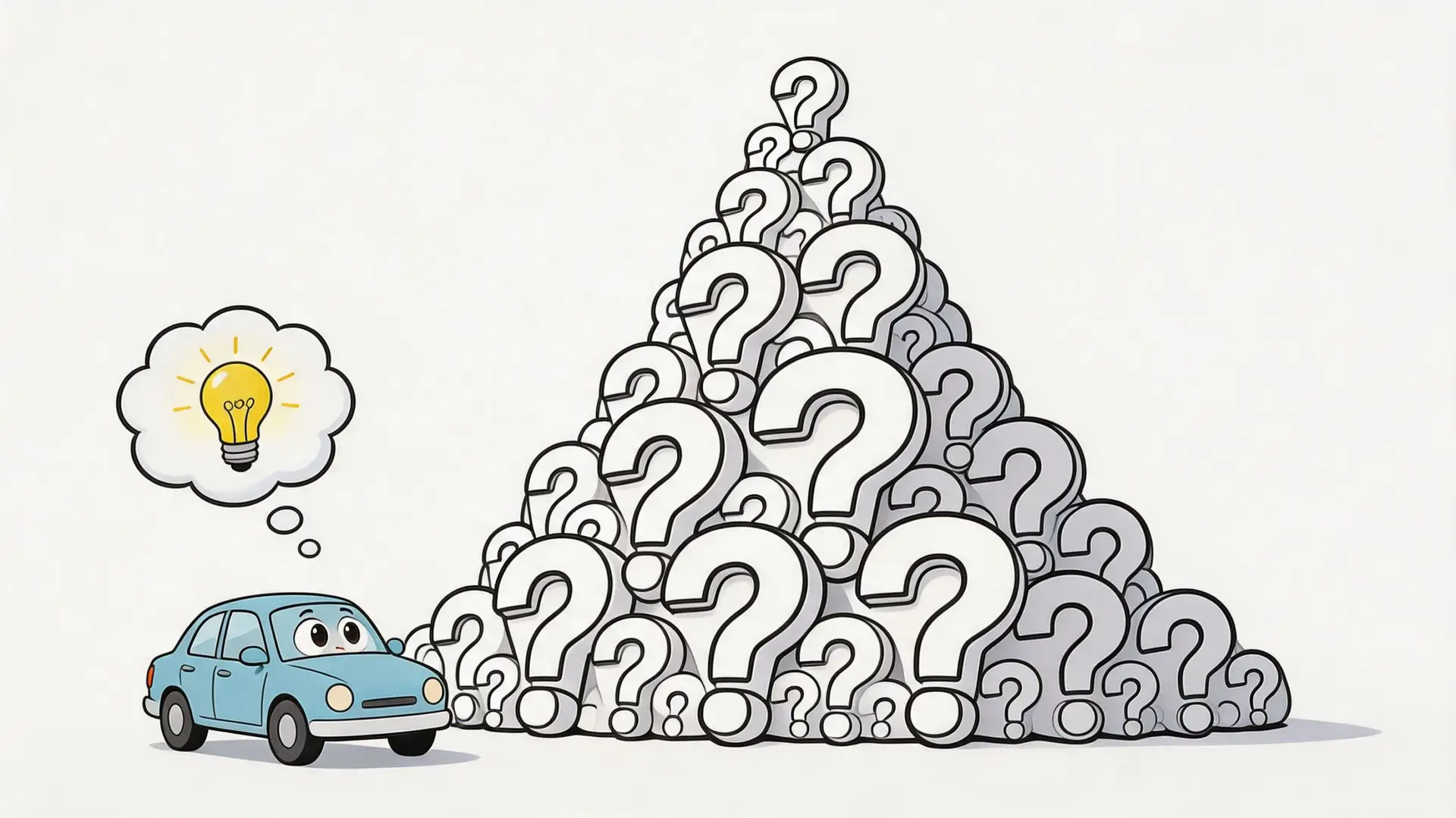A cute blue cartoon car thinking about a bright idea near a large mountain of question marks.