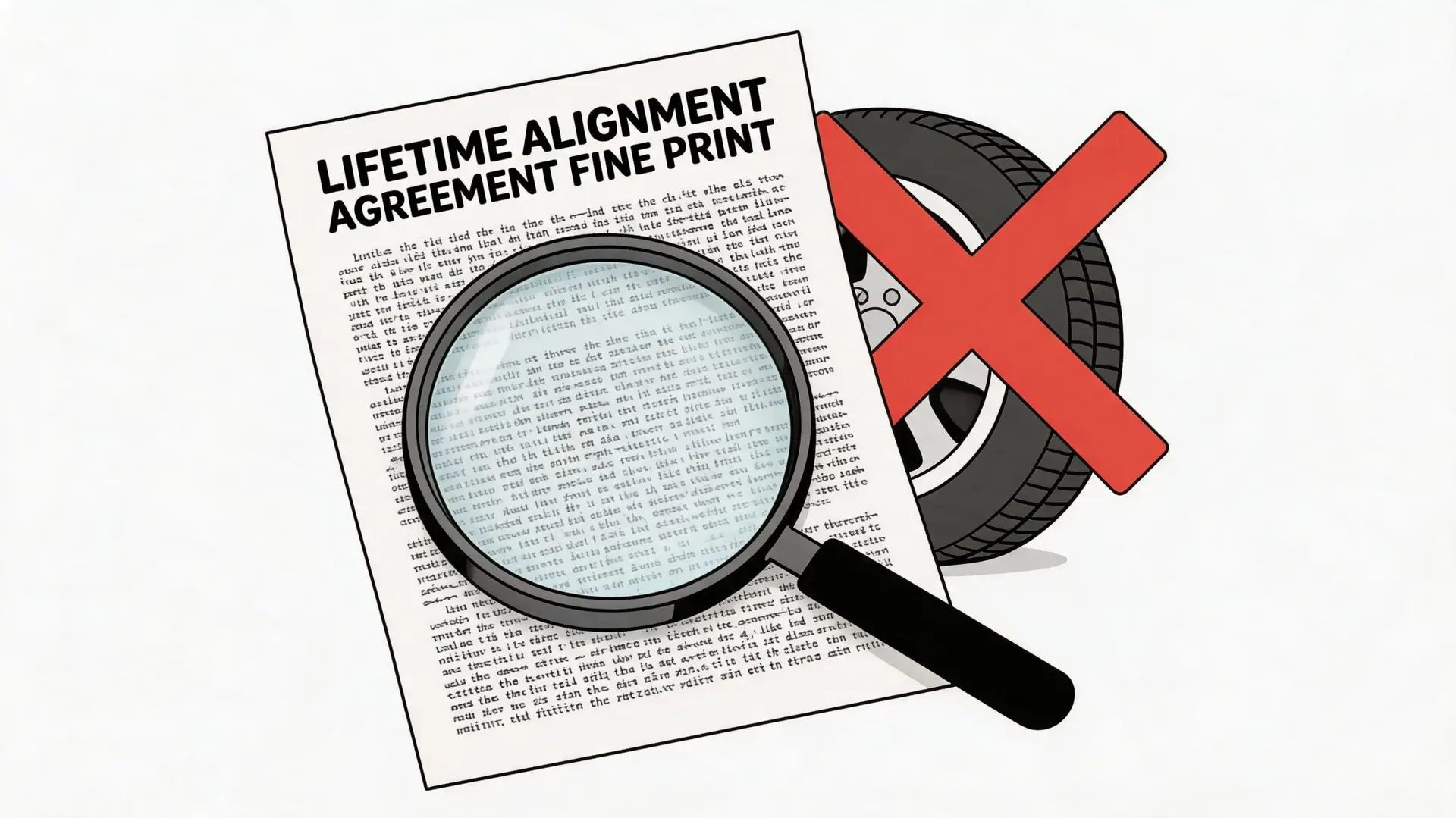 A magnifying glass inspecting the fine print of a lifetime alignment agreement with a red crossed-out tire.