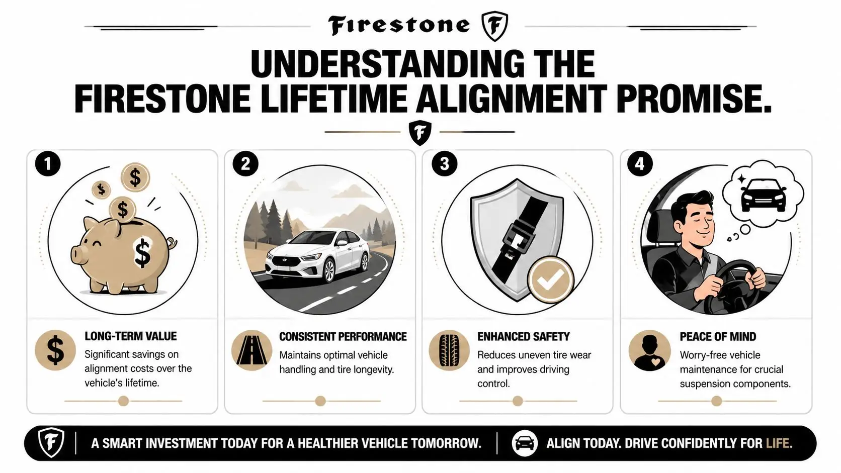 An infographic from Firestone outlining the benefits of their lifetime alignment service for vehicle maintenance.
