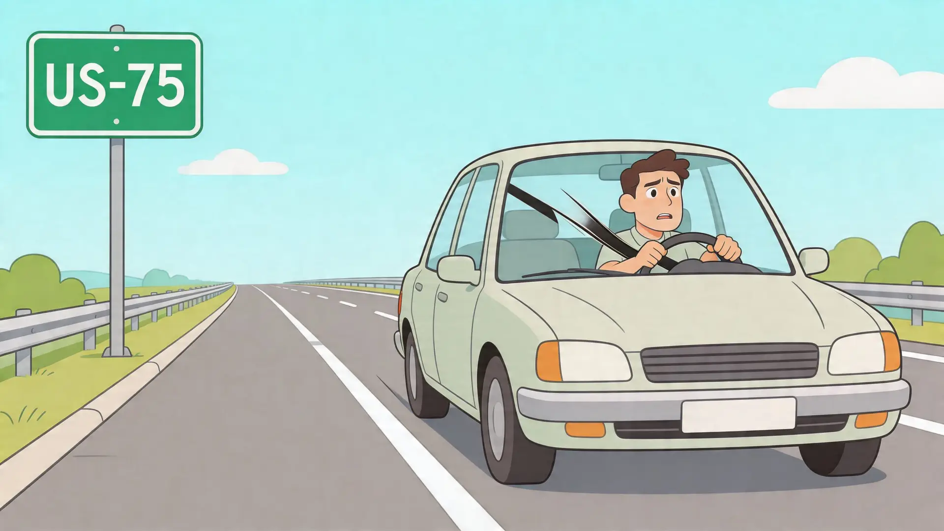 A concerned driver maneuvers a light-colored sedan along an open highway marked with a US-75 sign.