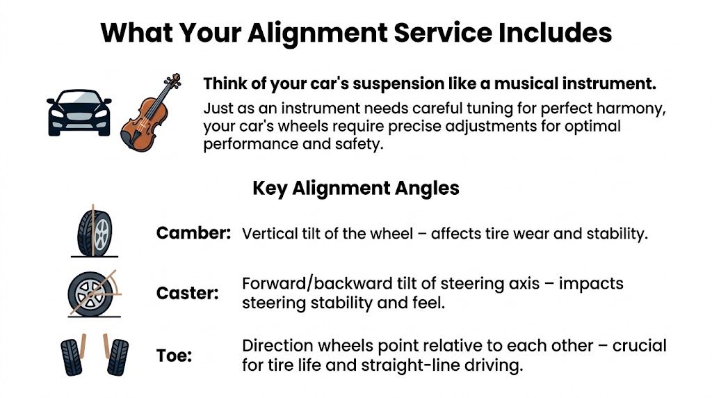 An infographic explaining car alignment, detailing camber, caster, and toe angles for vehicle suspension maintenance.