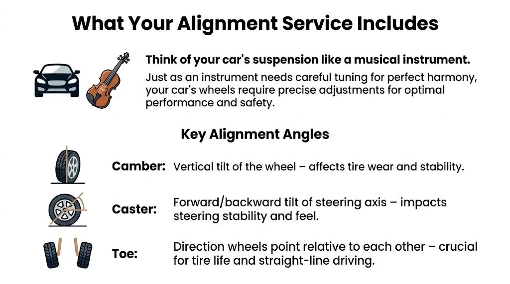 An infographic explaining car alignment, detailing camber, caster, and toe angles for vehicle suspension maintenance.
