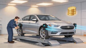 Mechanic performing wheel alignment on silver sedan