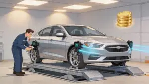 Mechanic performing wheel alignment on silver sedan