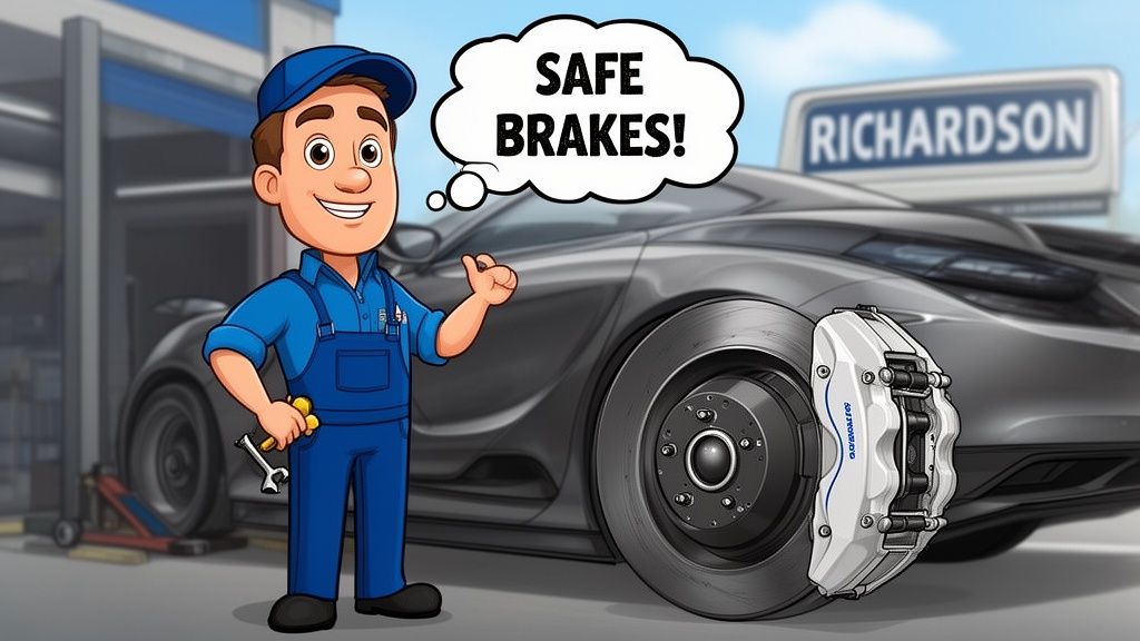 A friendly cartoon auto mechanic standing next to a car with visible brake components at a shop.