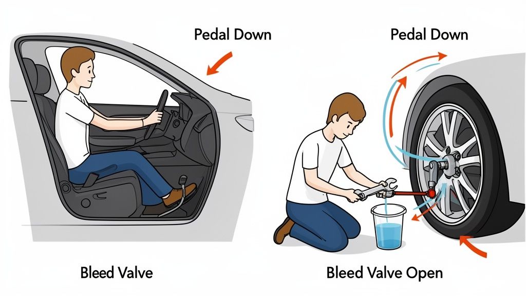 A diagram demonstrating the two-person car brake bleeding process with one person inside and one outside.