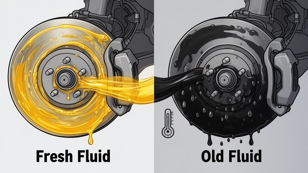 A diagram comparing clean, yellow fresh brake fluid and dirty, black old brake fluid on a car.