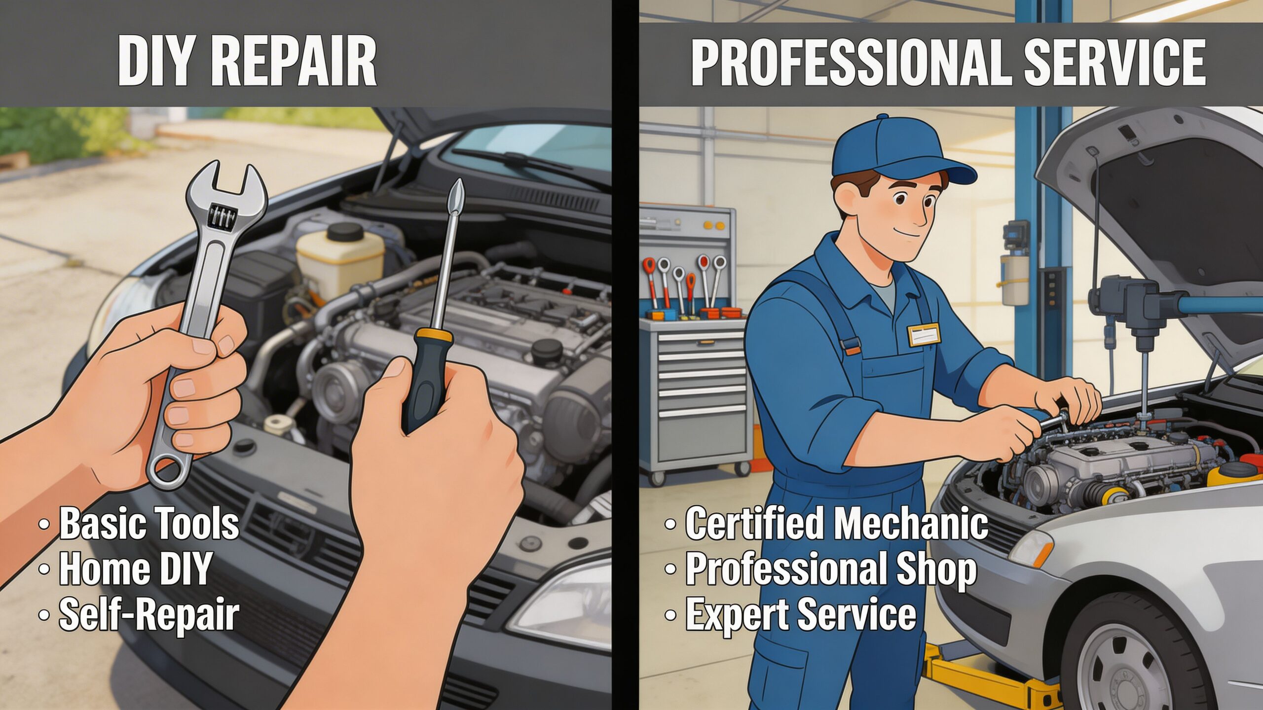 A split screen illustration comparing DIY car repair with basic tools against professional mechanic services in shops.