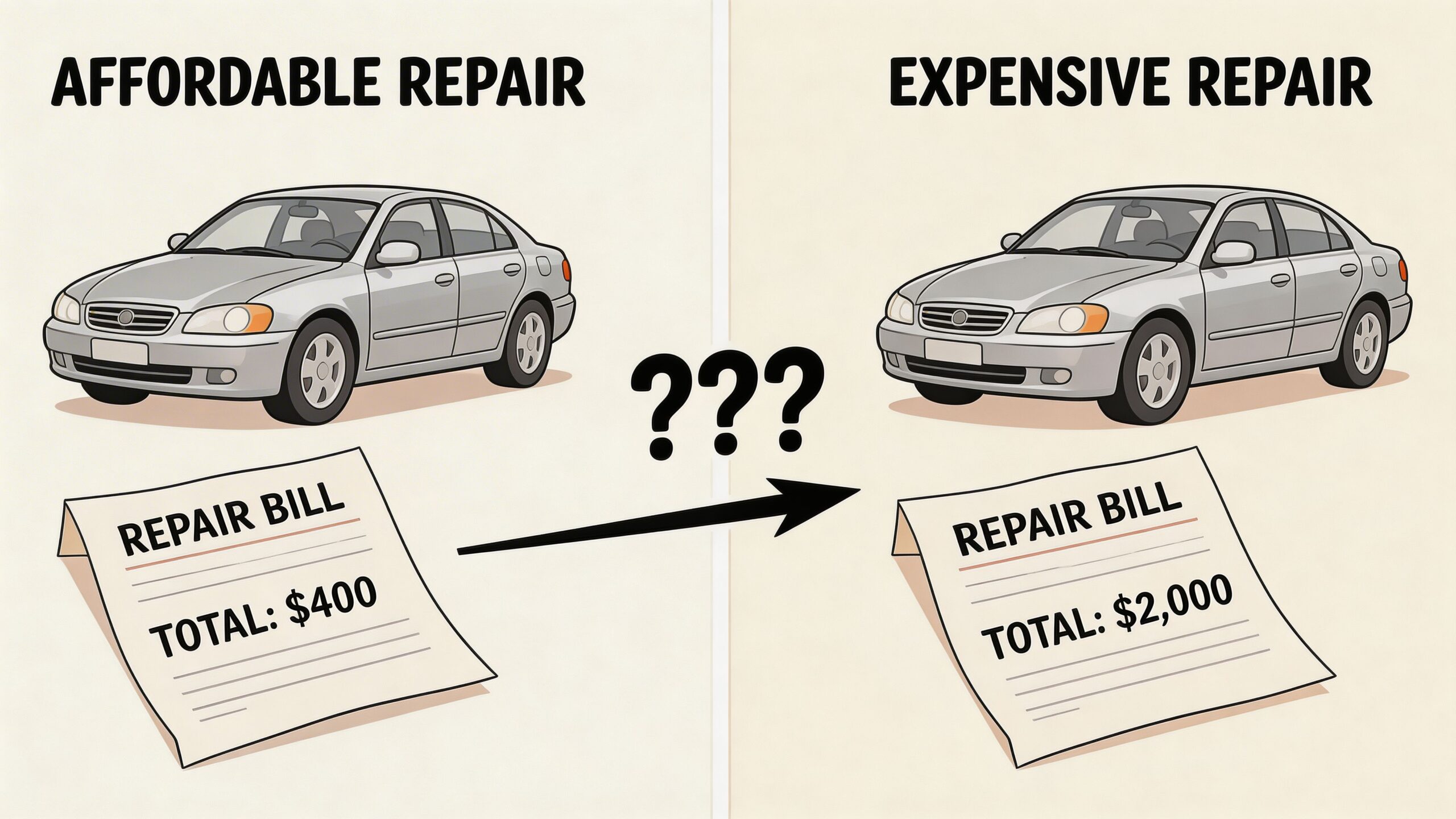 A comparative illustration showing a car repair bill increasing from four hundred to two thousand dollars.