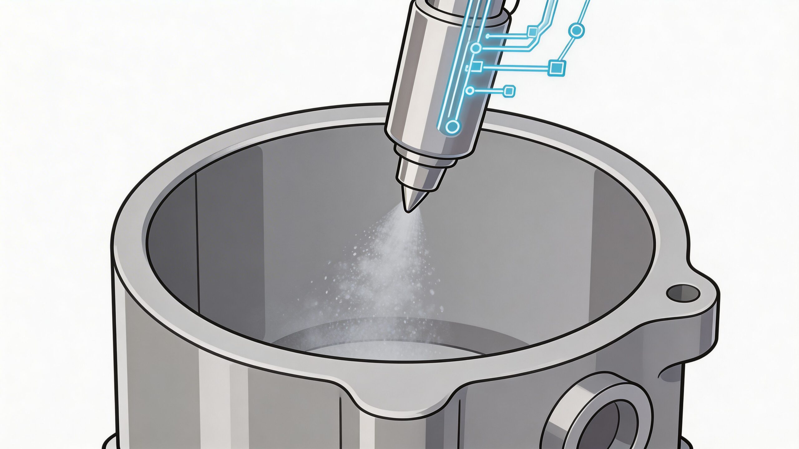 A digital illustration showing a nozzle spraying a fine mist inside a metallic industrial component container.