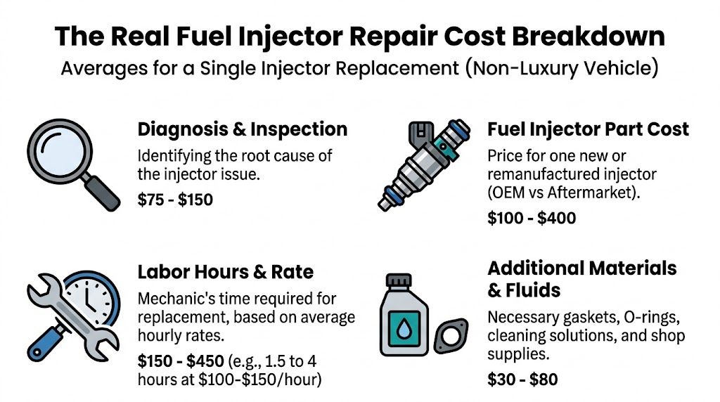 A detailed infographic breaking down the average repair costs for a single fuel injector on non-luxury vehicles.