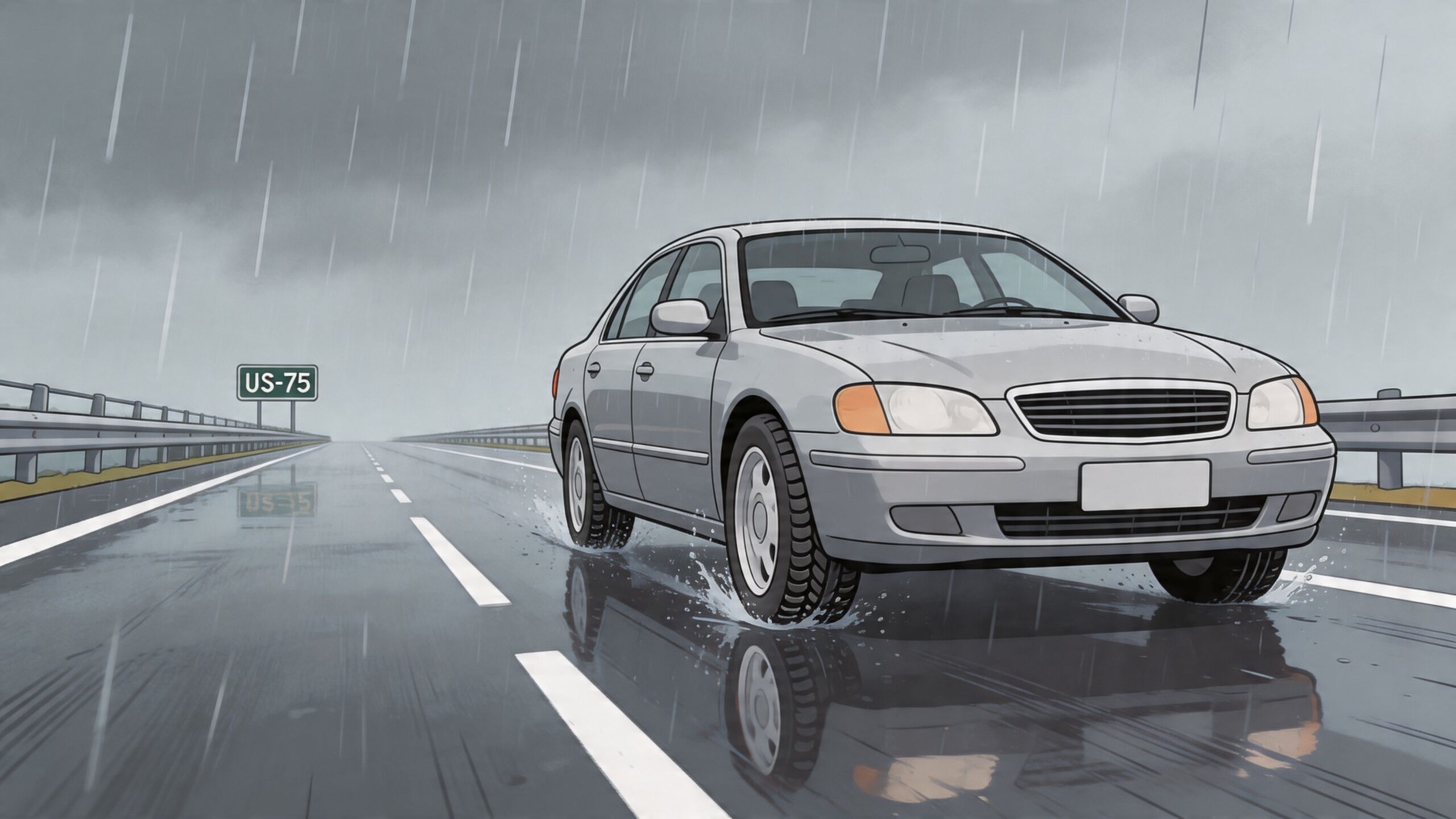 A silver sedan driving on a wet highway during heavy rain, showcasing road conditions and tire safety.