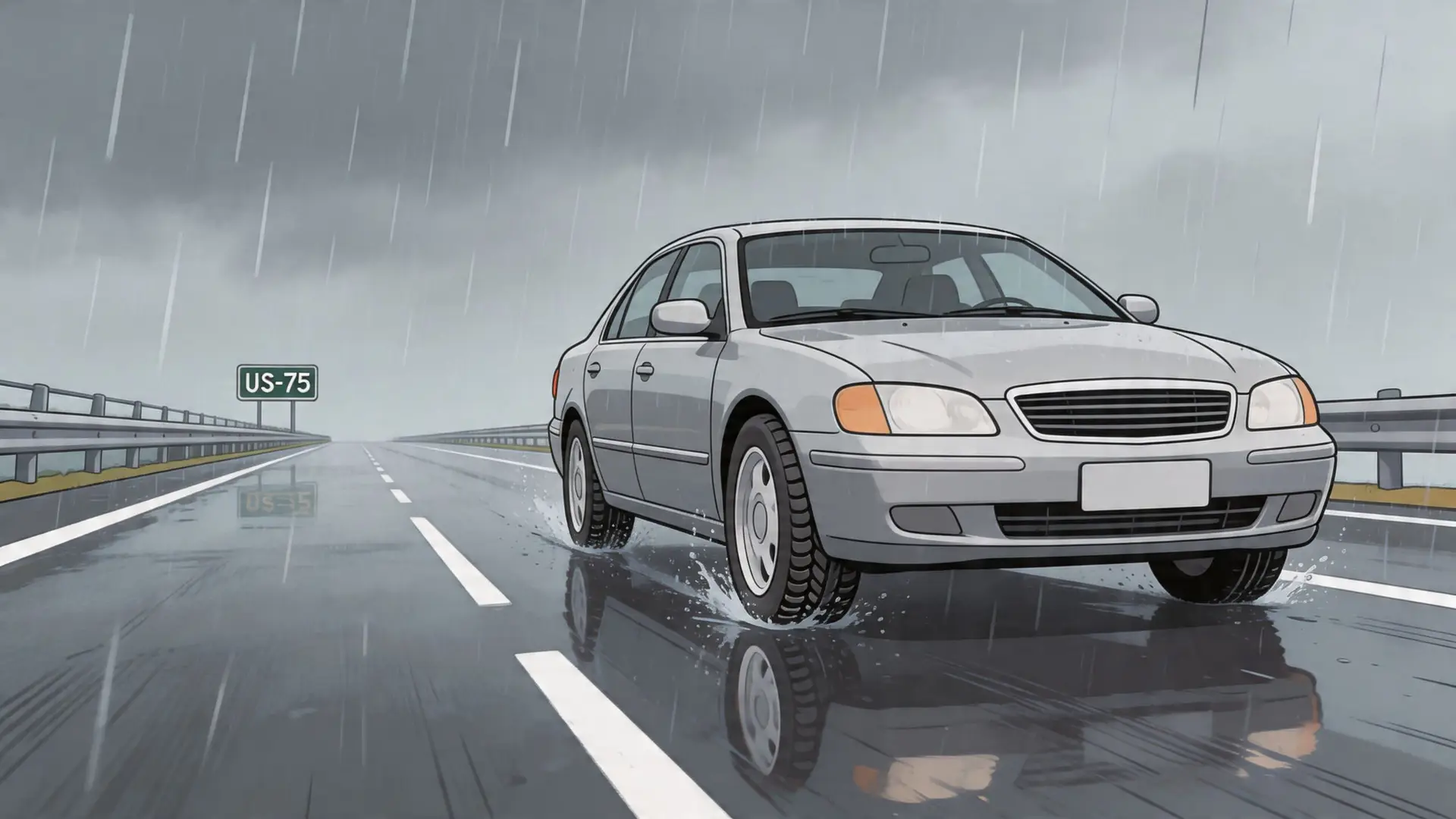 A silver sedan driving on a wet highway during heavy rain, showcasing road conditions and tire safety.