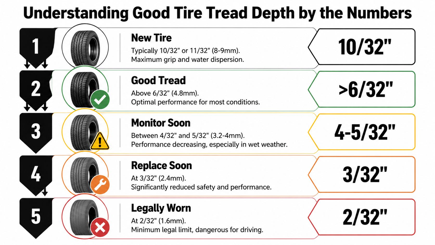 An infographic chart explaining recommended tire tread depth levels from new condition to legally worn.