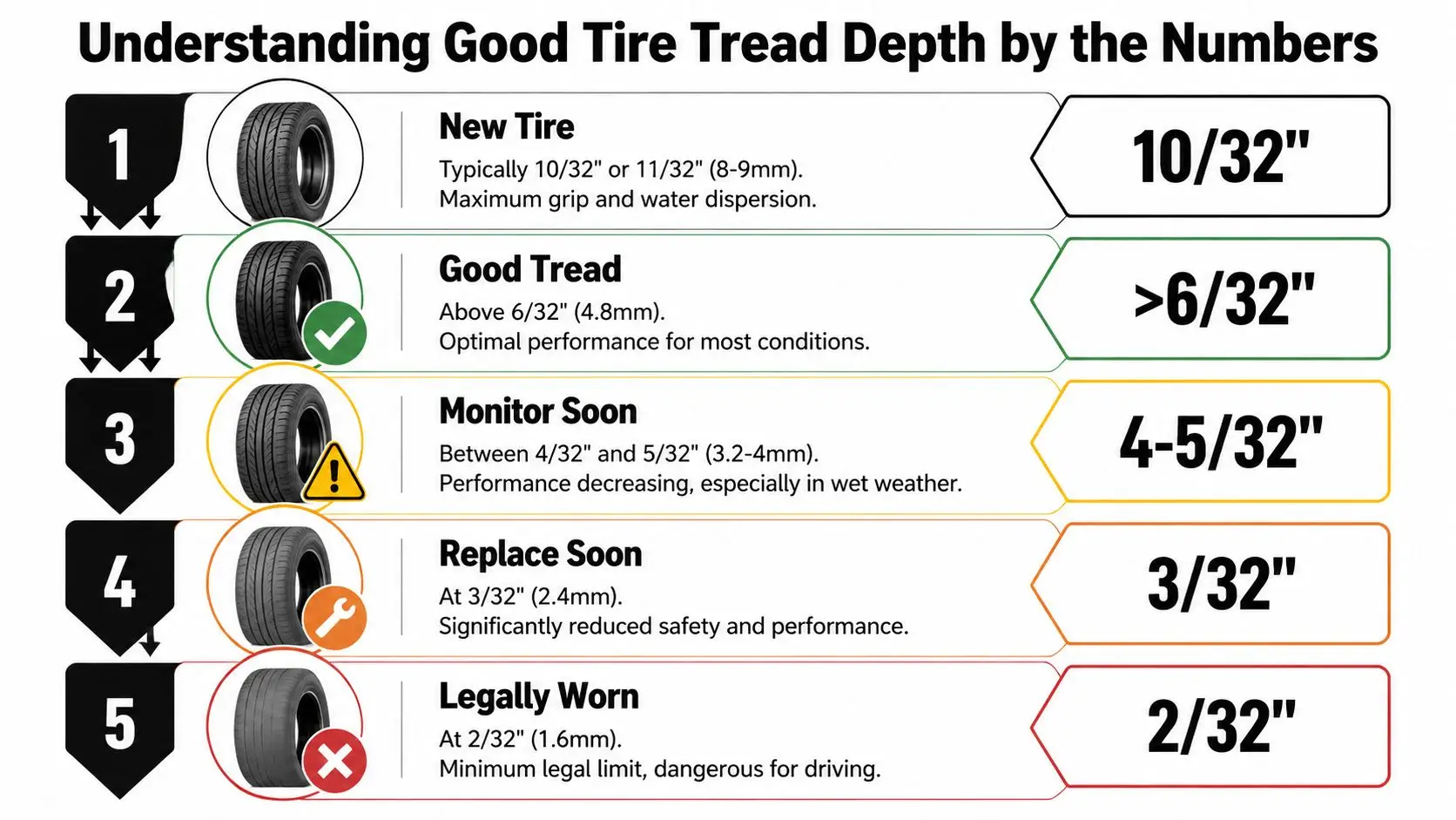 An infographic chart explaining recommended tire tread depth levels from new condition to legally worn.