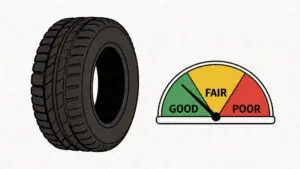Car tire with condition gauge showing good