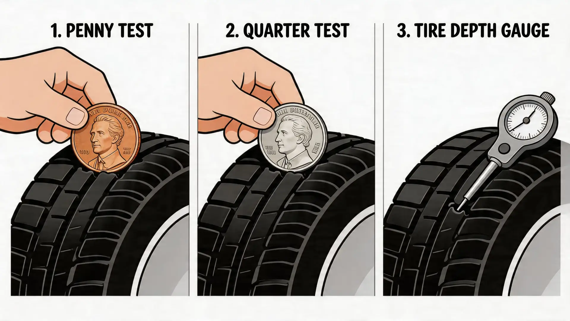 A diagram illustrating three methods to check tire tread depth using a penny, quarter, and depth gauge.