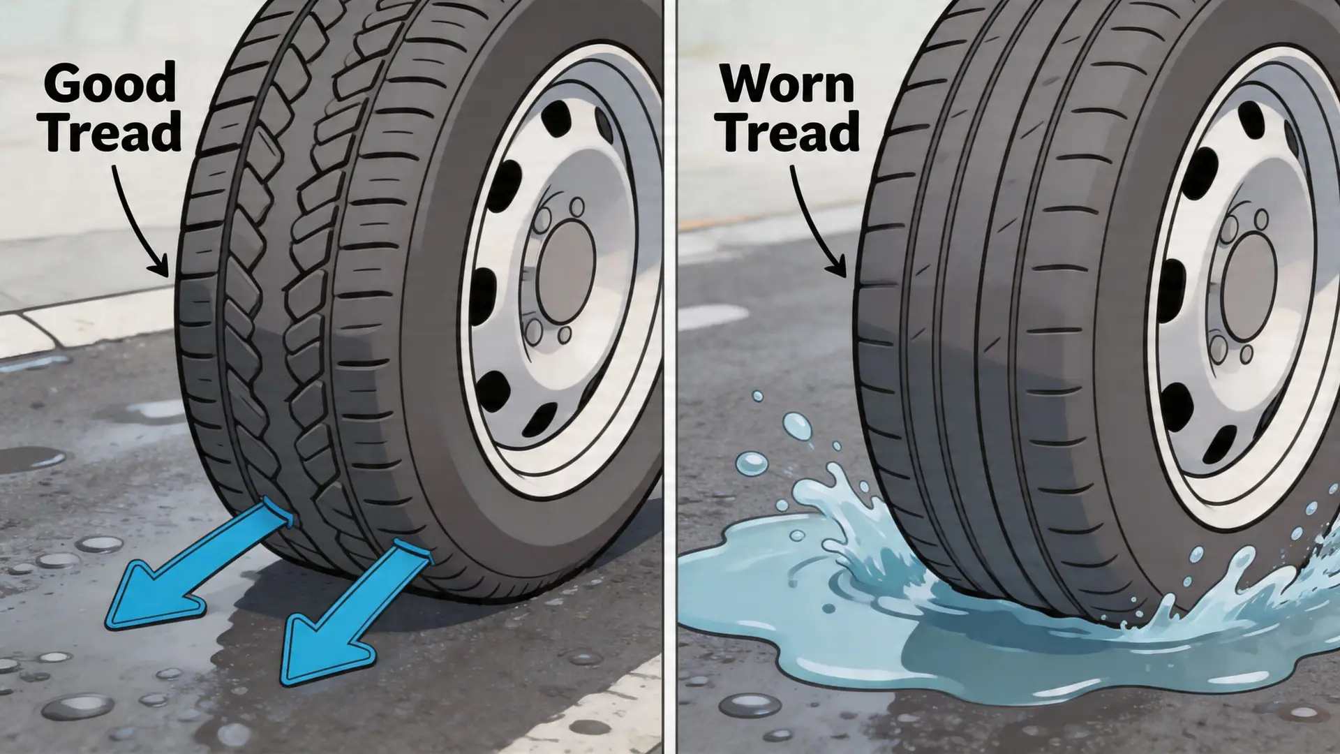 A split image comparing a tire with good tread channeling water away versus a worn tire hydroplaning.
