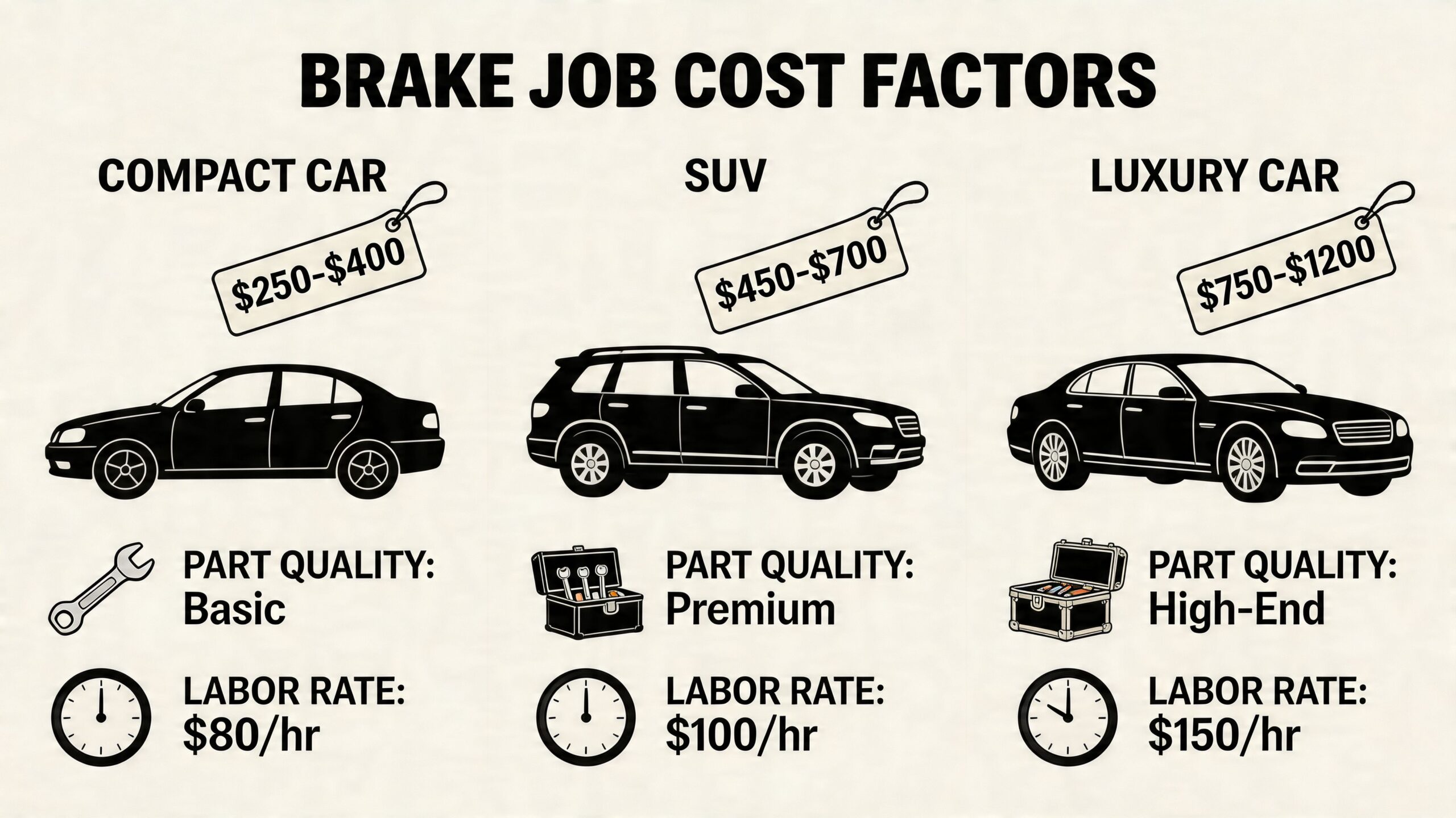 An infographic comparing the estimated brake job costs for compact cars, SUVs, and luxury vehicles.