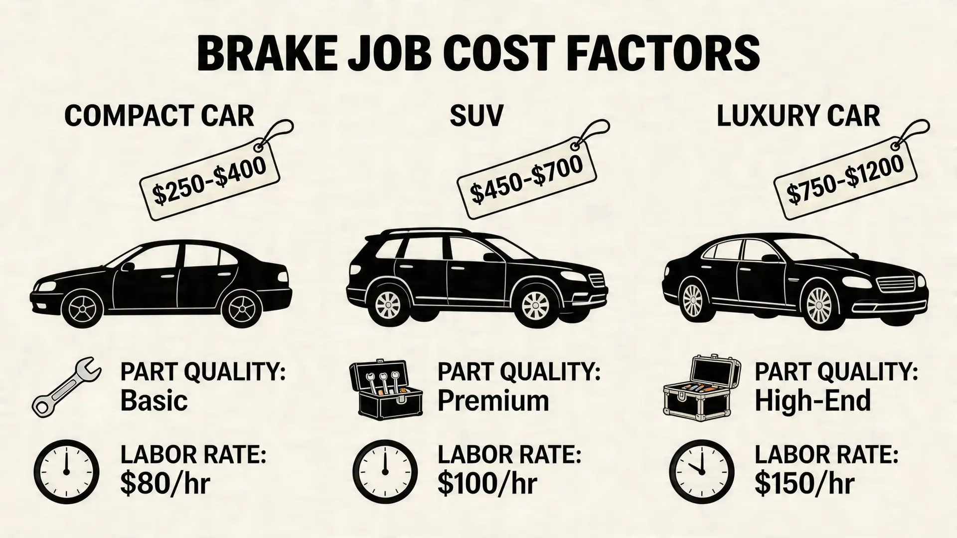 An infographic comparing the estimated brake job costs for compact cars, SUVs, and luxury vehicles.
