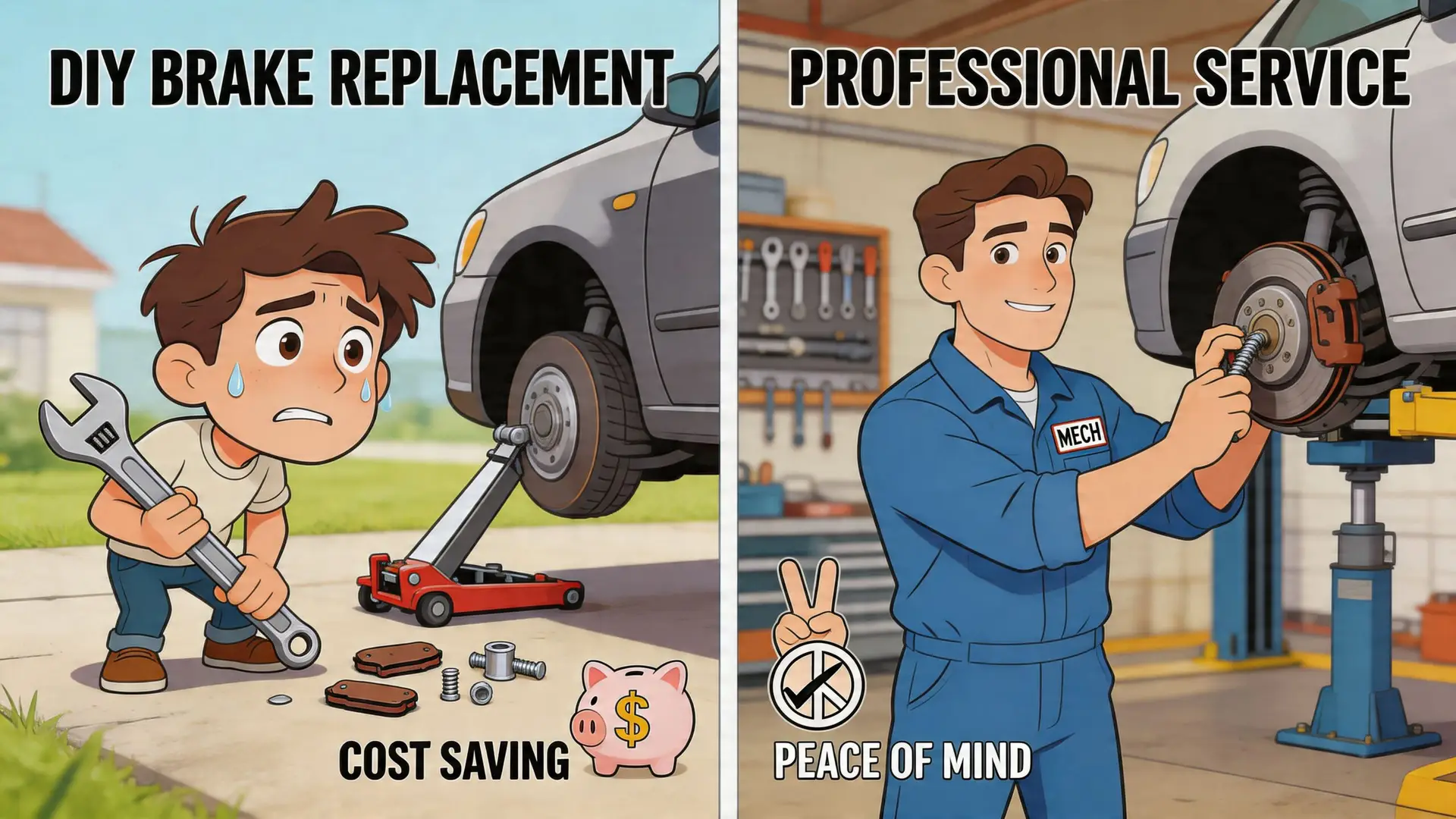 A split image comparing a stressed person doing DIY brake repair versus a professional mechanic working confidently.