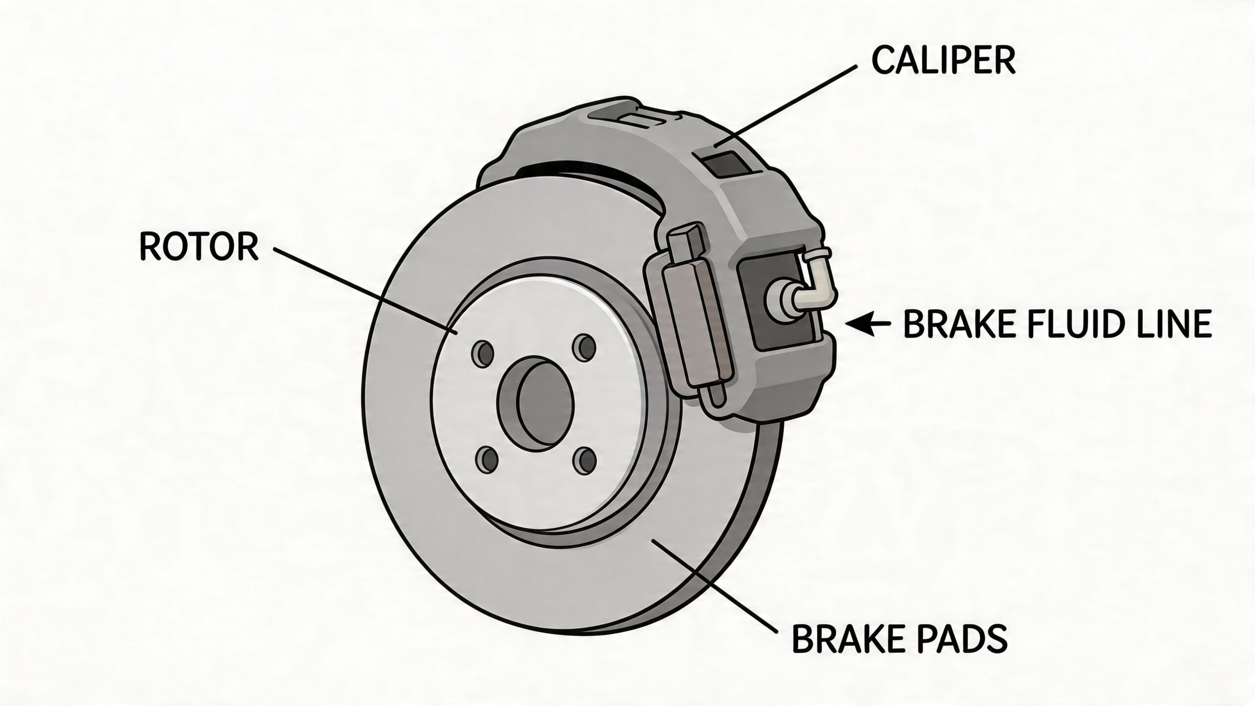 A diagram illustrating the components of a vehicle disc brake system including the rotor, caliper, and brake pads.