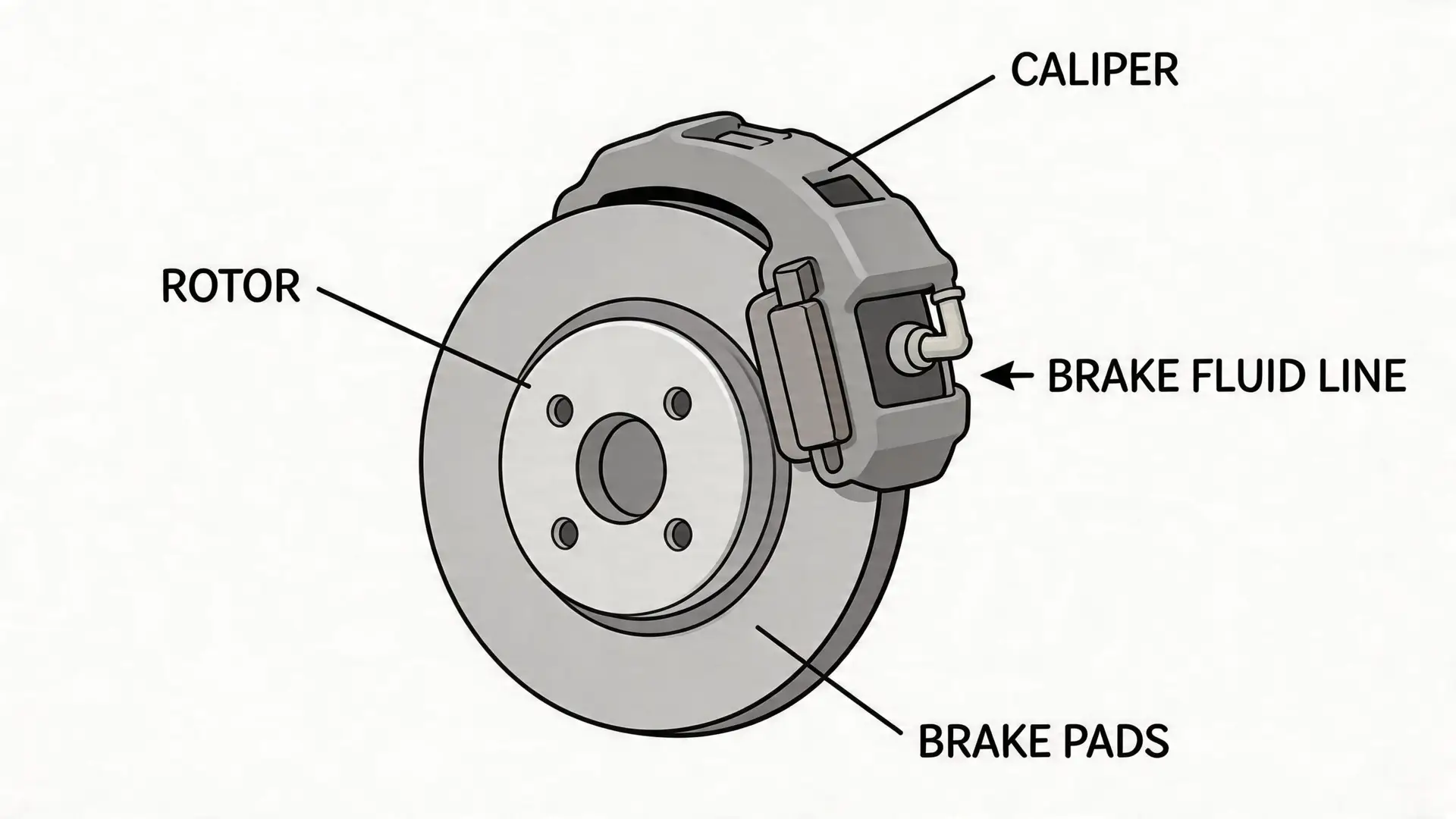 A diagram illustrating the components of a vehicle disc brake system including the rotor, caliper, and brake pads.