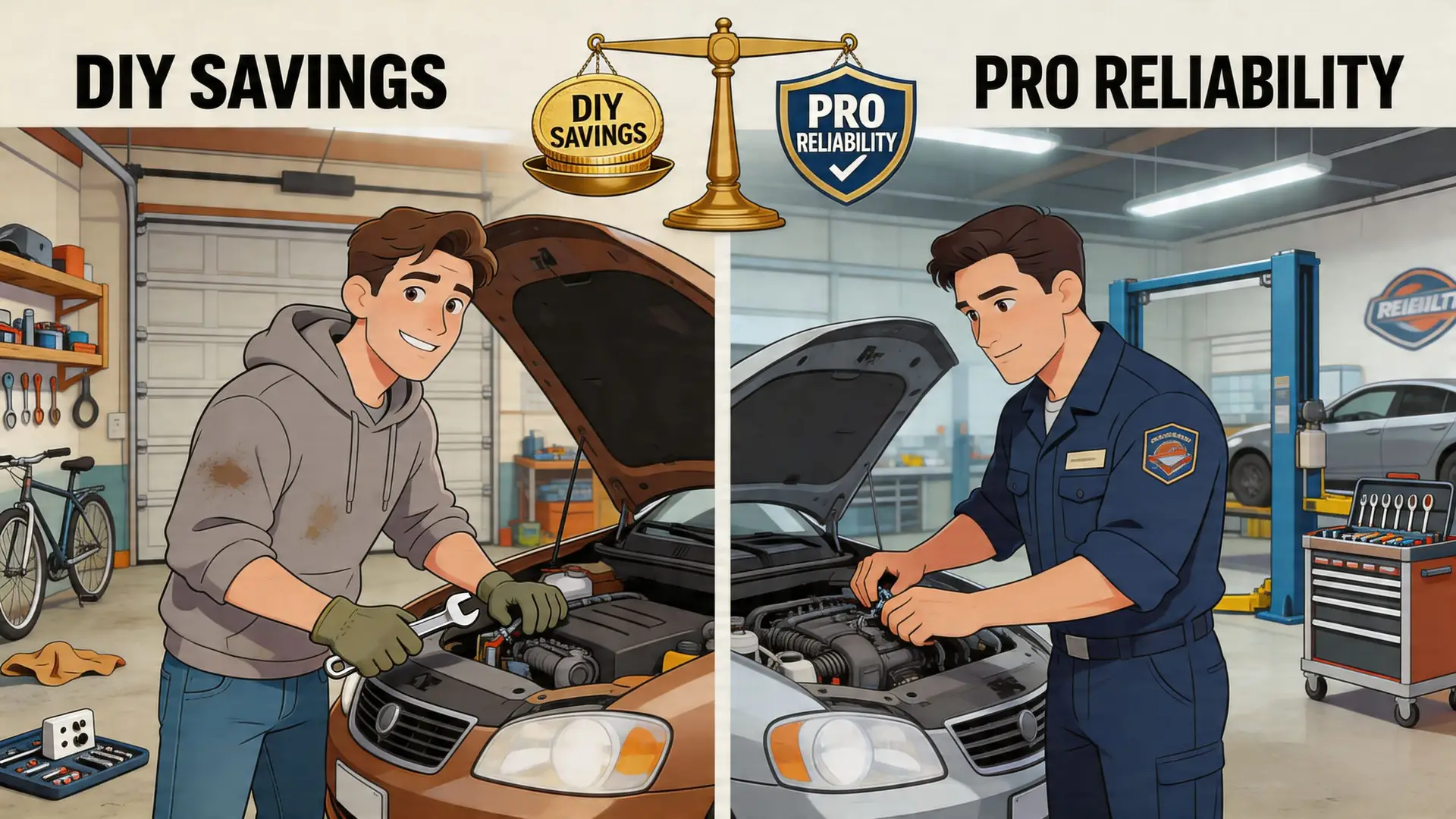 A split image comparing a man working on a car in a garage with professional auto repair.
