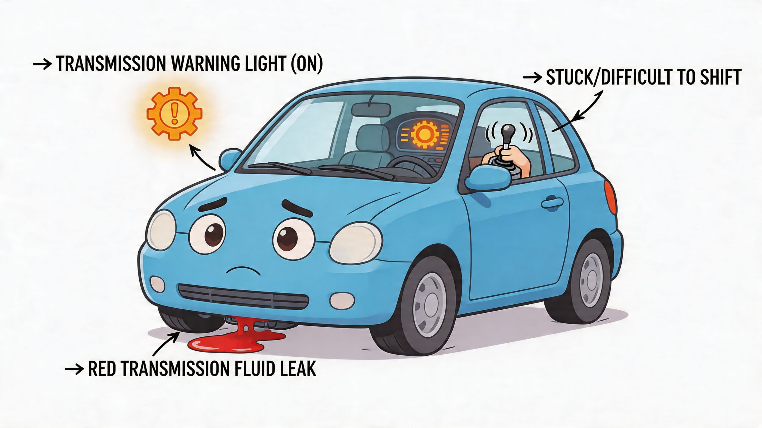 A cartoon blue car looking sad with a transmission warning light and a red fluid leak.