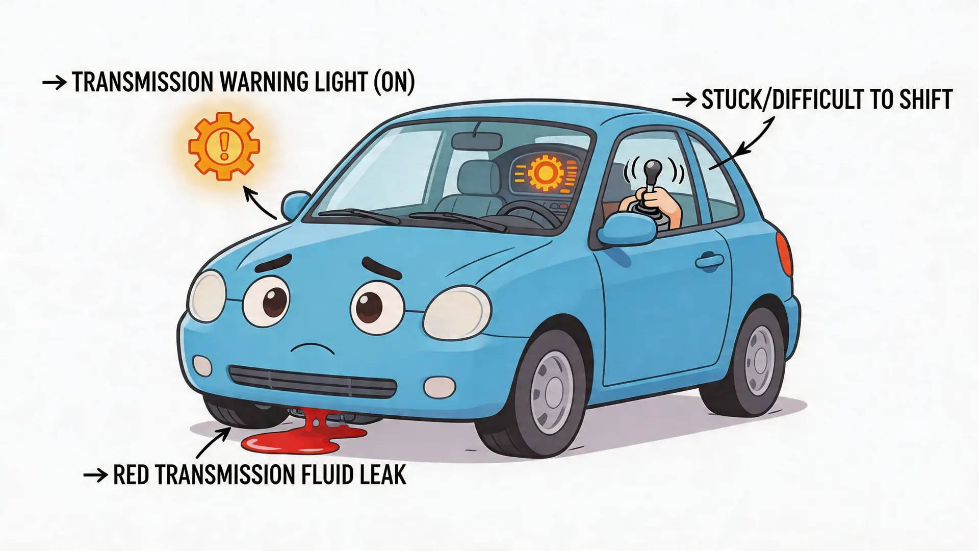 A cartoon blue car looking sad with a transmission warning light and a red fluid leak.