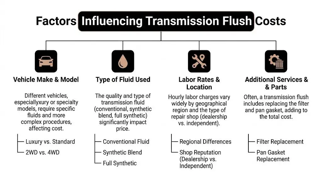 An infographic showing four key factors that influence the total cost of a transmission fluid flush.