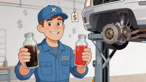 Mechanic comparing dirty and clean car fluids