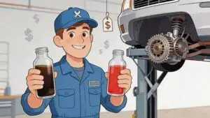 Mechanic comparing dirty and clean car fluids