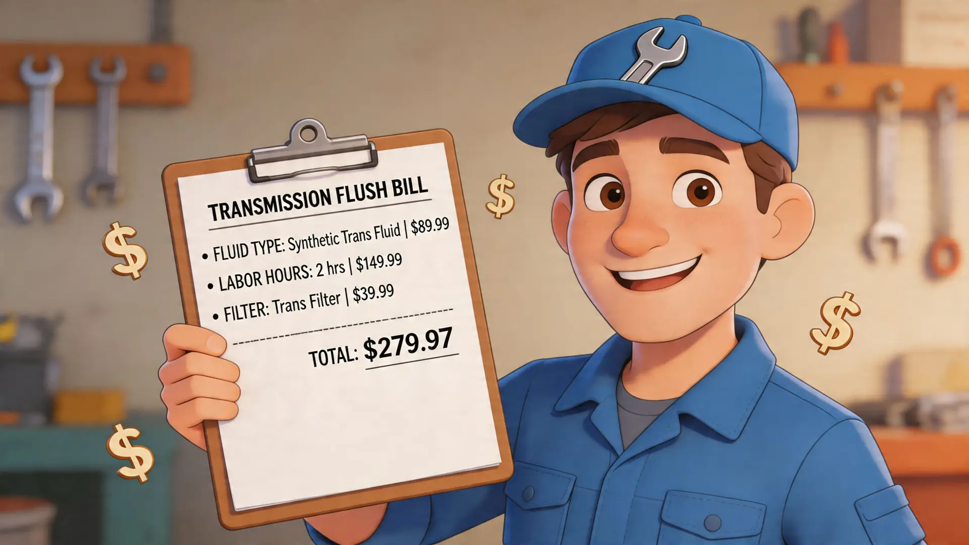 A friendly cartoon mechanic holding a clipboard displaying a detailed transmission flush bill with total cost.