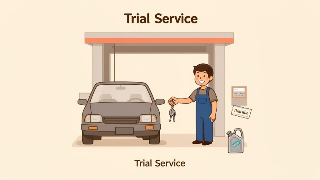 A smiling mechanic in blue overalls holds car keys next to a car, signifying a trial service.
