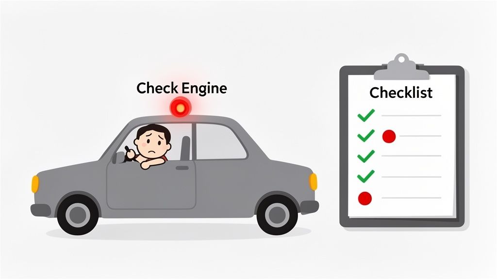 A worried driver in a grey car with a flashing red check engine light and a checklist showing issues.