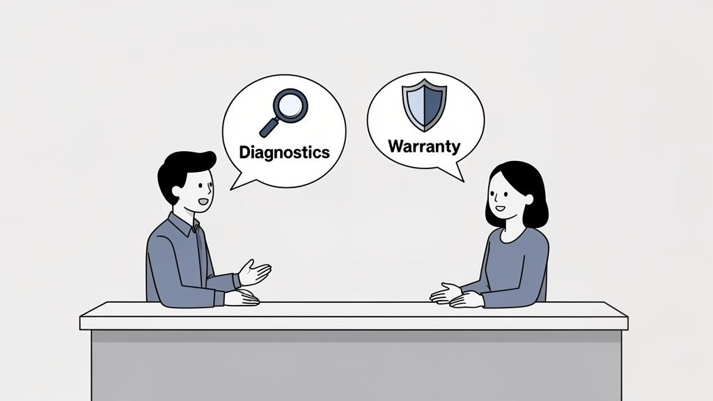 Two people discuss car diagnostics and warranty options with speech bubbles and icons.