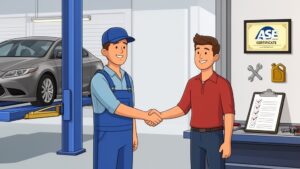 Mechanic and customer shaking hands in garage