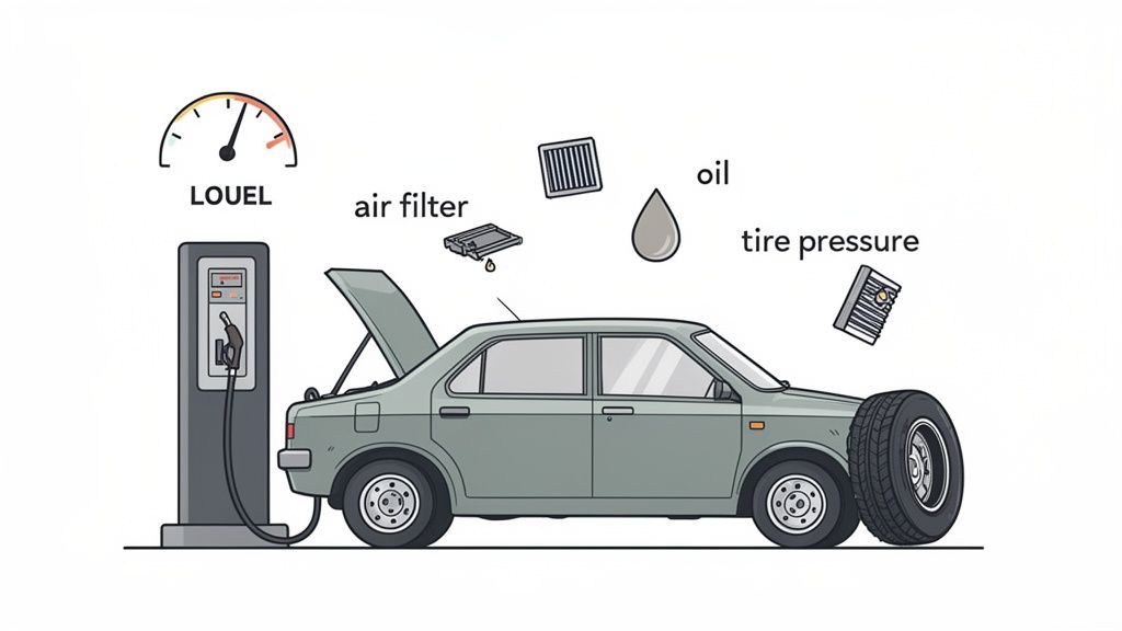 Illustration showing car maintenance items like fuel, air filter, oil, and tire pressure for improved efficiency.