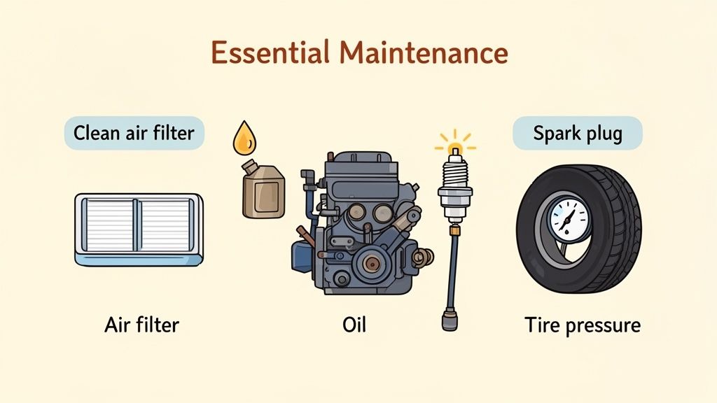 Illustrations showing essential car maintenance tasks: clean air filter, oil, spark plug, and tire pressure.