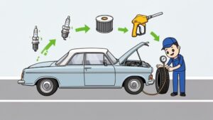 Mechanic servicing a vintage car.