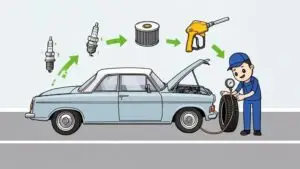 Mechanic servicing a vintage car.