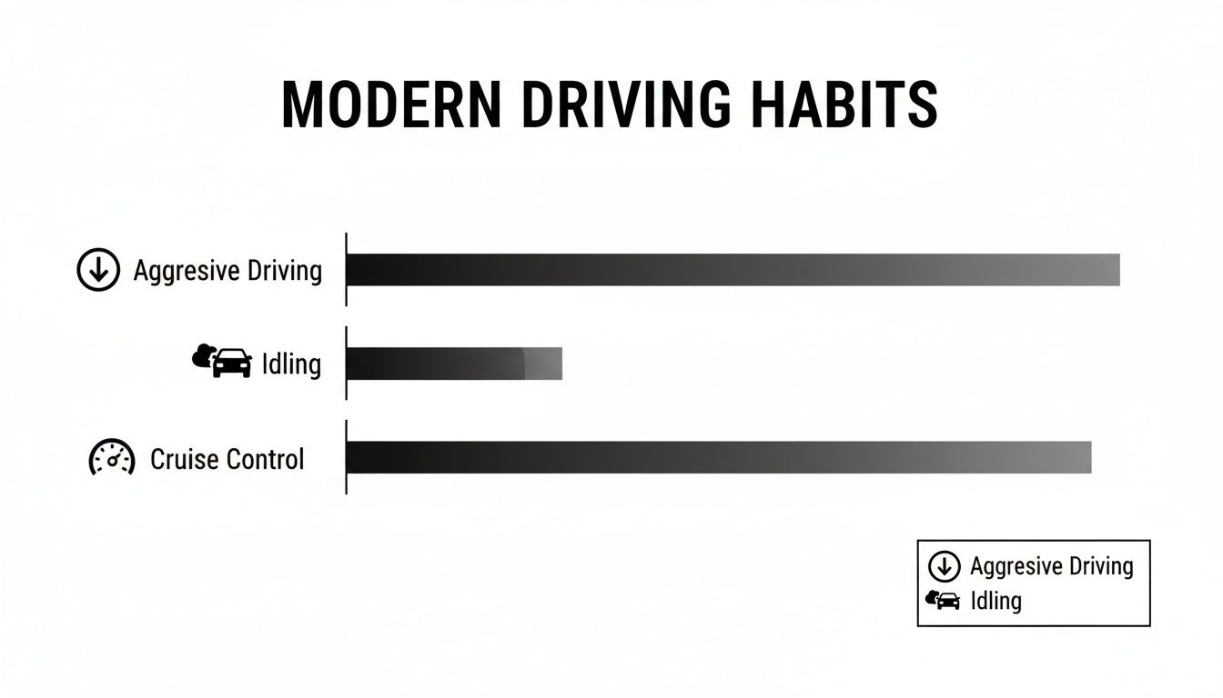 Bar chart illustrating modern driving habits: aggressive driving, idling, and cruise control.