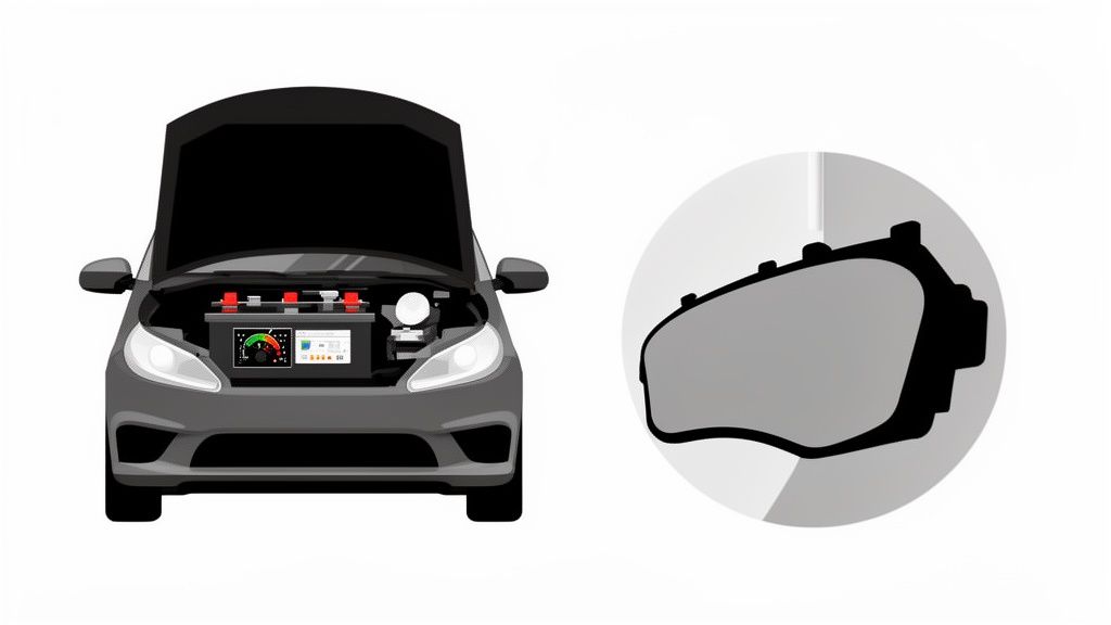 Front view of a gray car with an open hood, showing a car battery with a gauge, next to a car headlight icon.