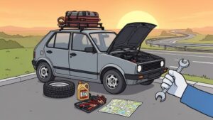 Car breakdown on roadside at sunset