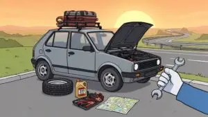 Car breakdown on roadside at sunset