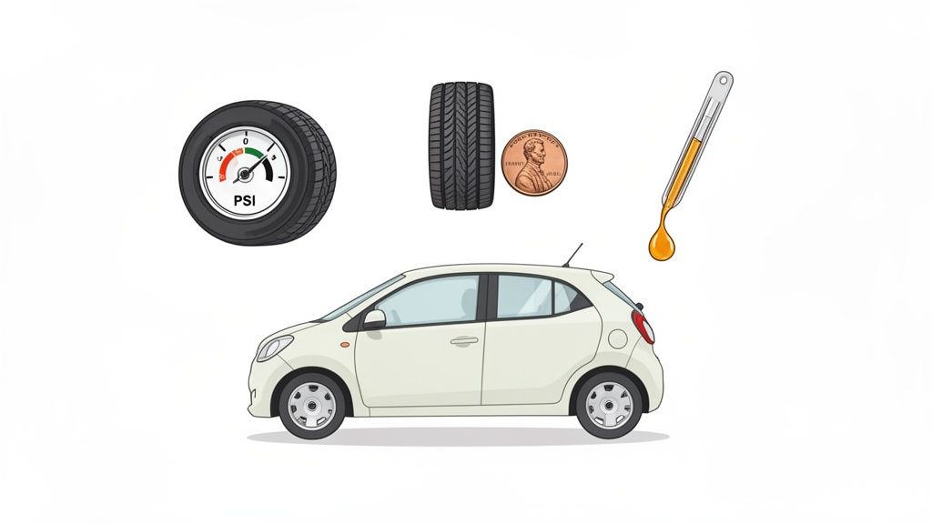 An illustration of a white car with tools for car maintenance: a tire pressure gauge, tire, penny, and oil thermometer.