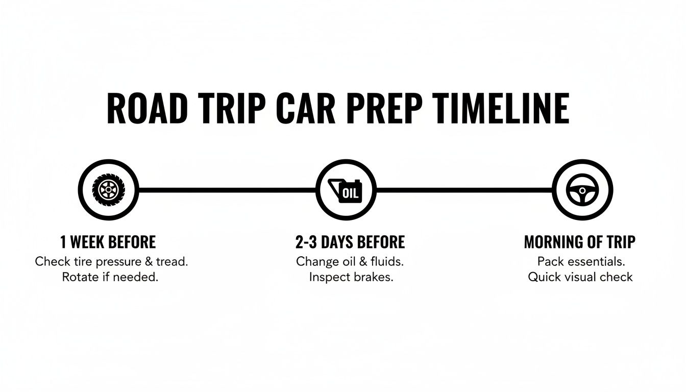 Road trip car preparation timeline with steps for 1 week before, 2-3 days before, and morning of the trip.