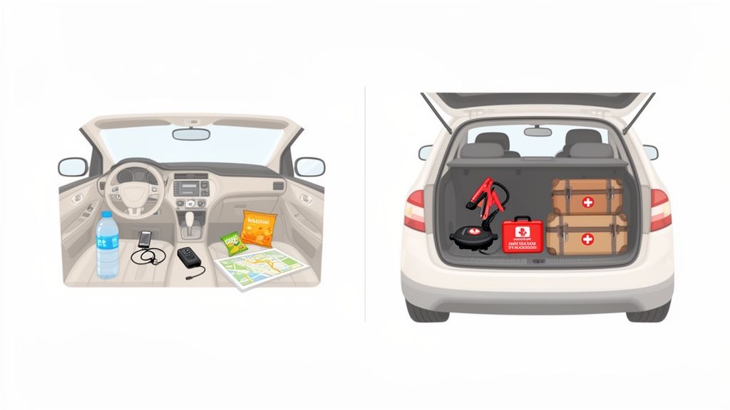 Inside a car and trunk showing road trip essentials like snacks, map, first-aid, and emergency tools.