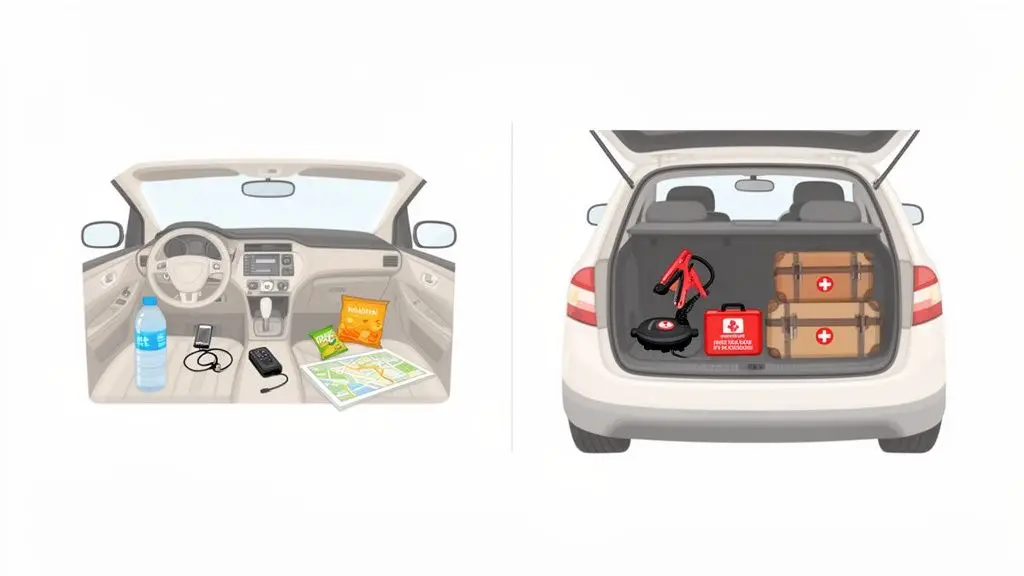 Inside a car and trunk showing road trip essentials like snacks, map, first-aid, and emergency tools.